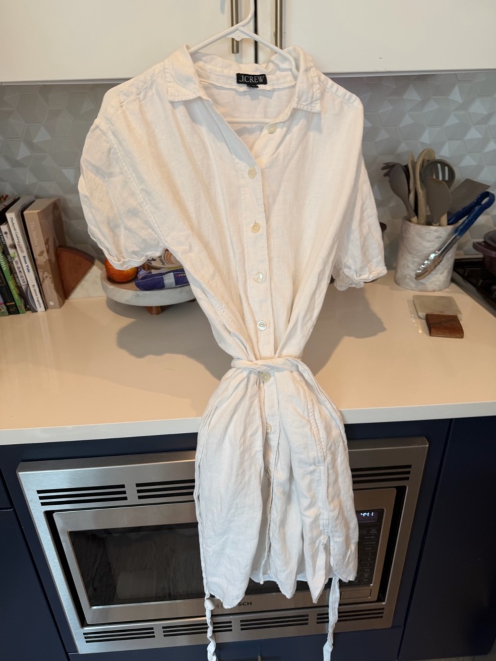 J. Crew White Button-Front Tie-Waist Midi shirt dress